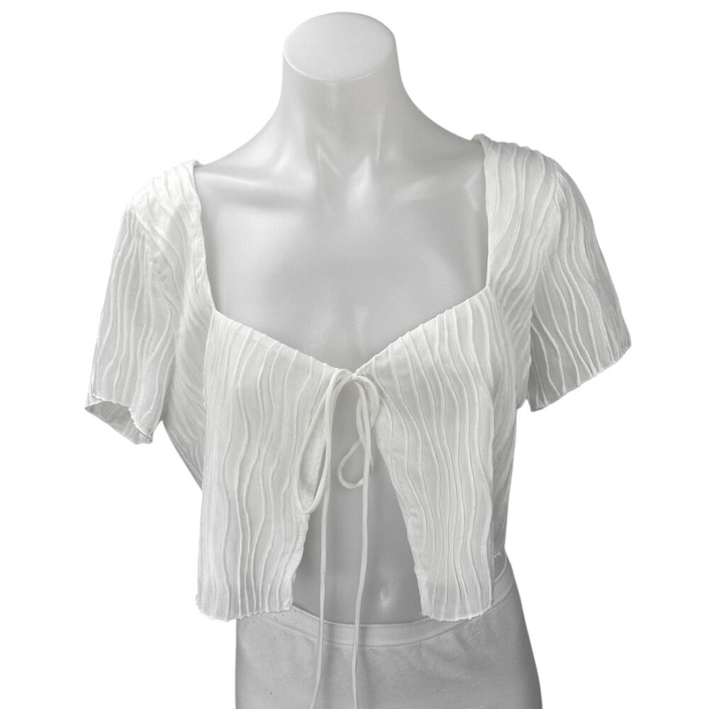 Princess Polly White Short Sleeve Pleated Tie Cardigan Blouse Crop Top Size 10